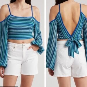 Ramy Brook Blue Green Cold Shoulder Resort Wear Beach Summer Tie Top NEW Small